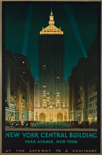 CHESLEY BONESTELL (1888-1986). NEW YORK CENTRAL BUILDING / AT THE GATEWAY TO A CONTINENT. 1930. 40¾x27 inches, 103½x68½ cm. Latham Lith          